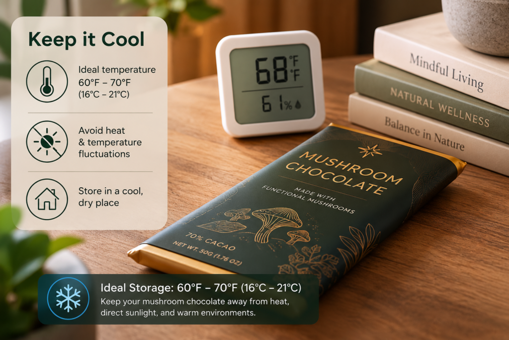 This image demonstrates the ideal way to store mushroom chocolate bars. The chocolate bar is kept indoors in a cool, dry environment alongside a digital thermometer showing a temperature within the recommended range of 60–70°F (16–21°C). The clean, modern setting reinforces the importance of protecting mushroom chocolate from excessive heat, helping maintain its texture, freshness, and overall quality.