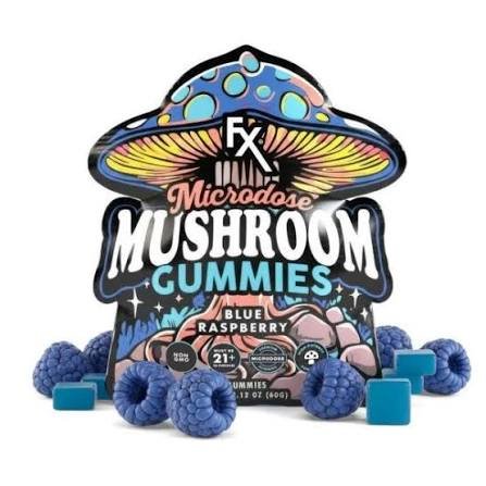 A package of mushroom gummies displayed on a clean background, featuring colorful fruit-flavored gummy pieces and nature-inspired packaging that highlights mushroom extracts.